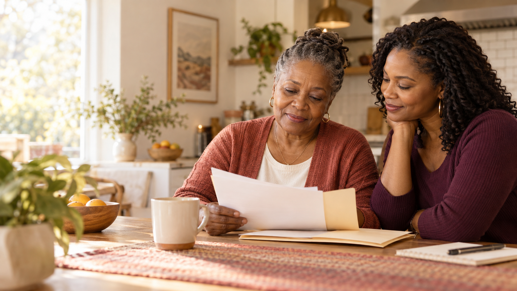 Two women calmly organizing disability application papers at a kitchen table