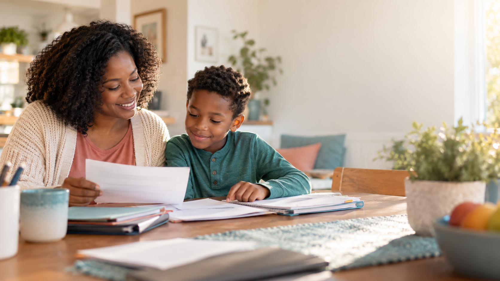 A mother and child organizing school and medical records together